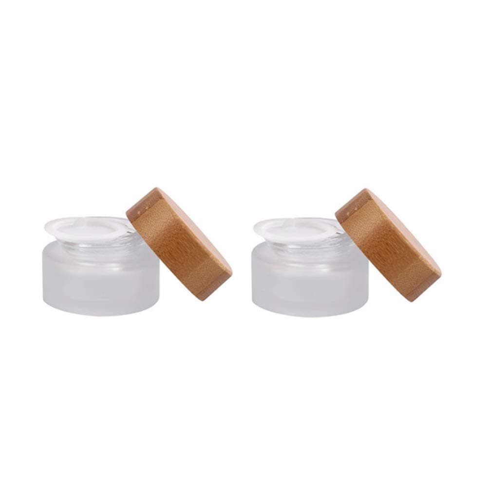2 Pack 15ml 0.5oz Empty Refillable Round Frosted Glass Cream Jar Cosmetic Storage Container Pot Sample Jars Bottle with Natural Bamboo Lid and Inner Liners for Cream Lotion Lip Balm