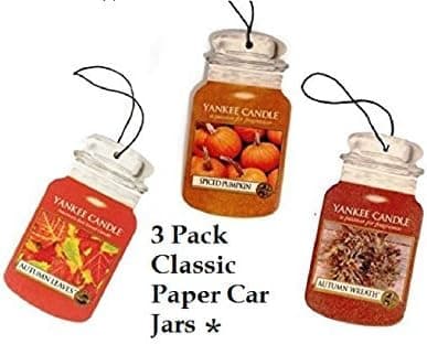 Yankee Candle FALL FAVORITES Classic PAPER Car Jar Trio -- Autumn Leaves, Autumn Wreath, Spiced Pumpkin - Set of THREE Car Jars