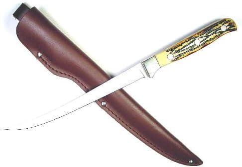 Ruko 7-1/2-Inch Blade Filet Knife with Delrin Deer Horn Handle and Leather Sheath