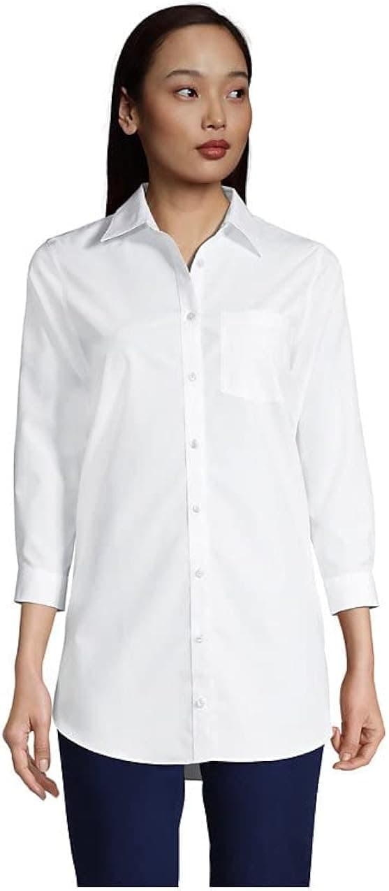 Lands' End Women's No Iron 3Q Pattern Tunic Top White Regular 10
