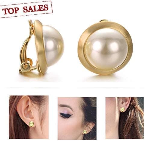 Clip-on Earrings, 16mm Rose Flower Non Pierced Handmade Clip Earrings for Women Girls With Free Gift Box (Ivory Pearl Gold Plated)