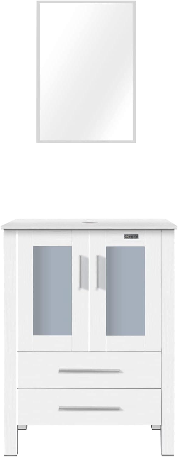 eclife 24" White Bathroom Vanity Cabinet Modern Pedestal Cabinet Set Pedestal Stand Wood with Bathroom Vanity Mirror Soft Closing Cabinet Doors Set (BT-B02W)