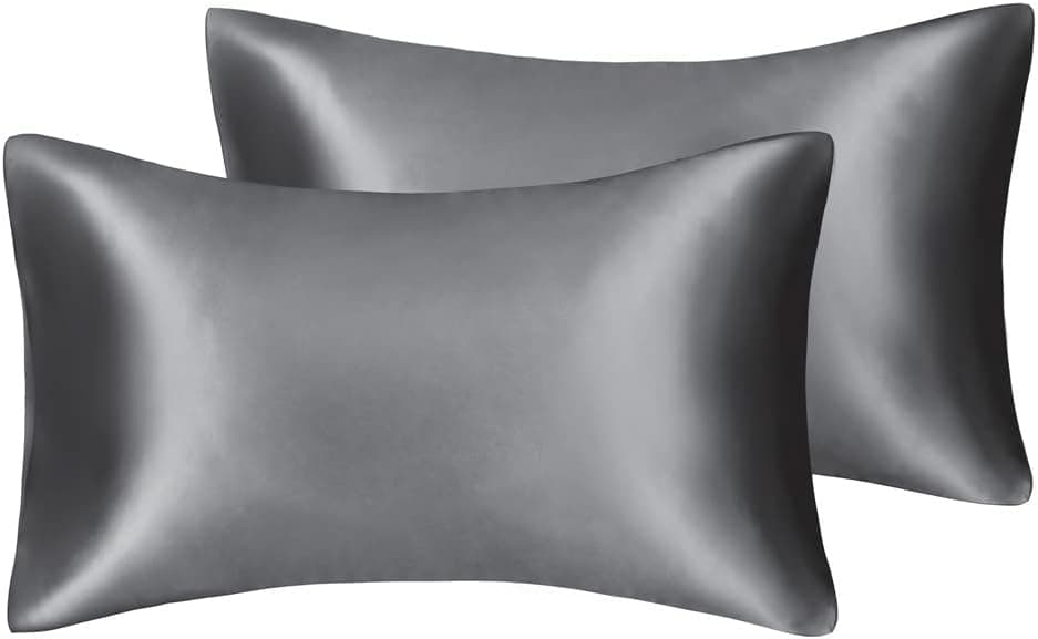 JUWENIN,Luxury Satin Pillowcase with Zipper (Silky Satin Pillow Case for Hair) Set of 2 (Standard, Grey)