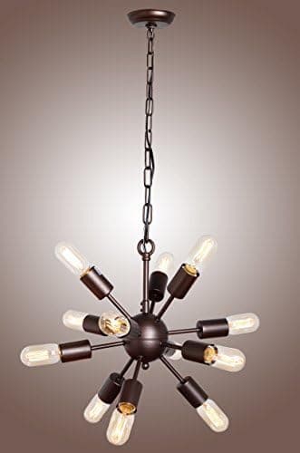 Mid Century Sputnik Filament Chandelier Aged Steel 12 Arms with Organza Drum Shade Led Pendant Light