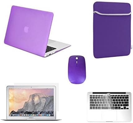 TOP CASE - 5 in 1 Omni Bundle Rubberized Hard Case, Keyboard Cover, Screen Protector, Sleeve Bag and Mouse Compatible MacBook Air 11" A1370 and A1465 - Purple