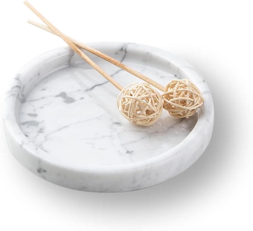 PHINILUX Italian 100% Marble Round Vanity Tray 5.5'', Decorative & Fruit Serving Trays for Bathroom, Kitchen, Nightstand, Jewelry Ring Dish Holder, Table Accents Decor, White