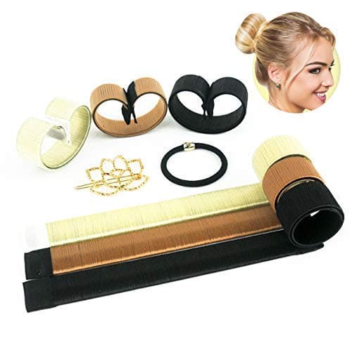Hair Bun Maker - Easy Sock Buns Fast French Curler Magic Donut Twist Shaper - Perfect DIY Accessories Styling Tool for Girls Women - 3 PCS (Black, Blonde, Brown), 1 Metal Lotus Hair Clip, 1 Hair Tie