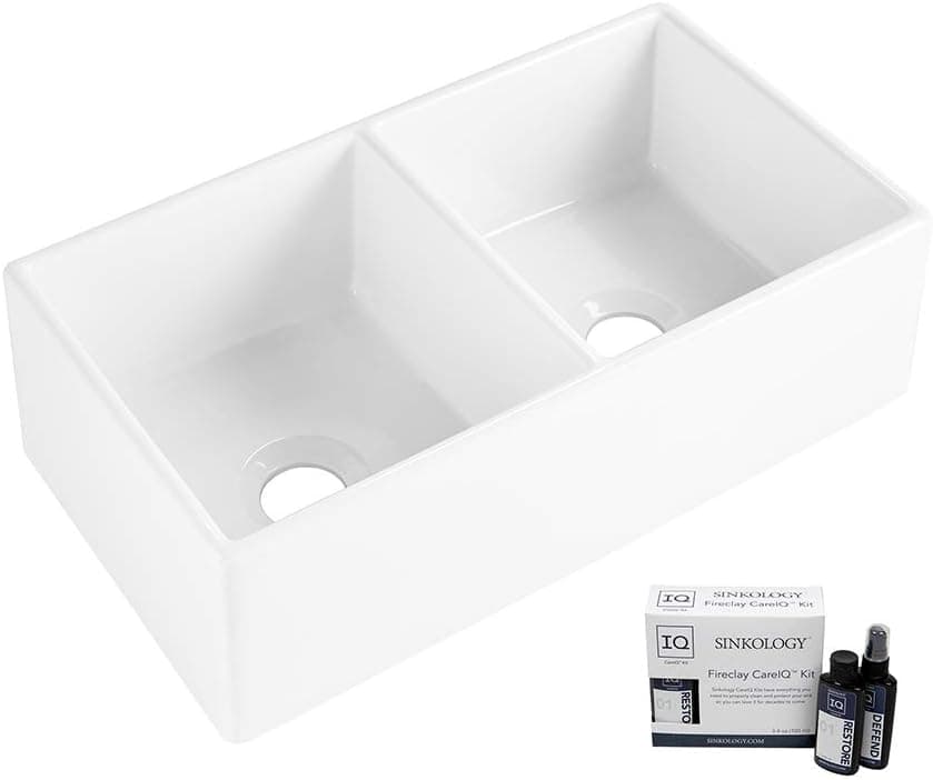 Sinkology SK496-33FC-AMZ Brooks II 33 in. 50/50 Double Bowl Farmhouse Fireclay Kitchen Sink, Crisp White
