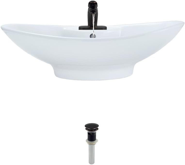 Porcelain Vessel Sink in White with Faucet and Pop-Up Drain in Antique Bronze