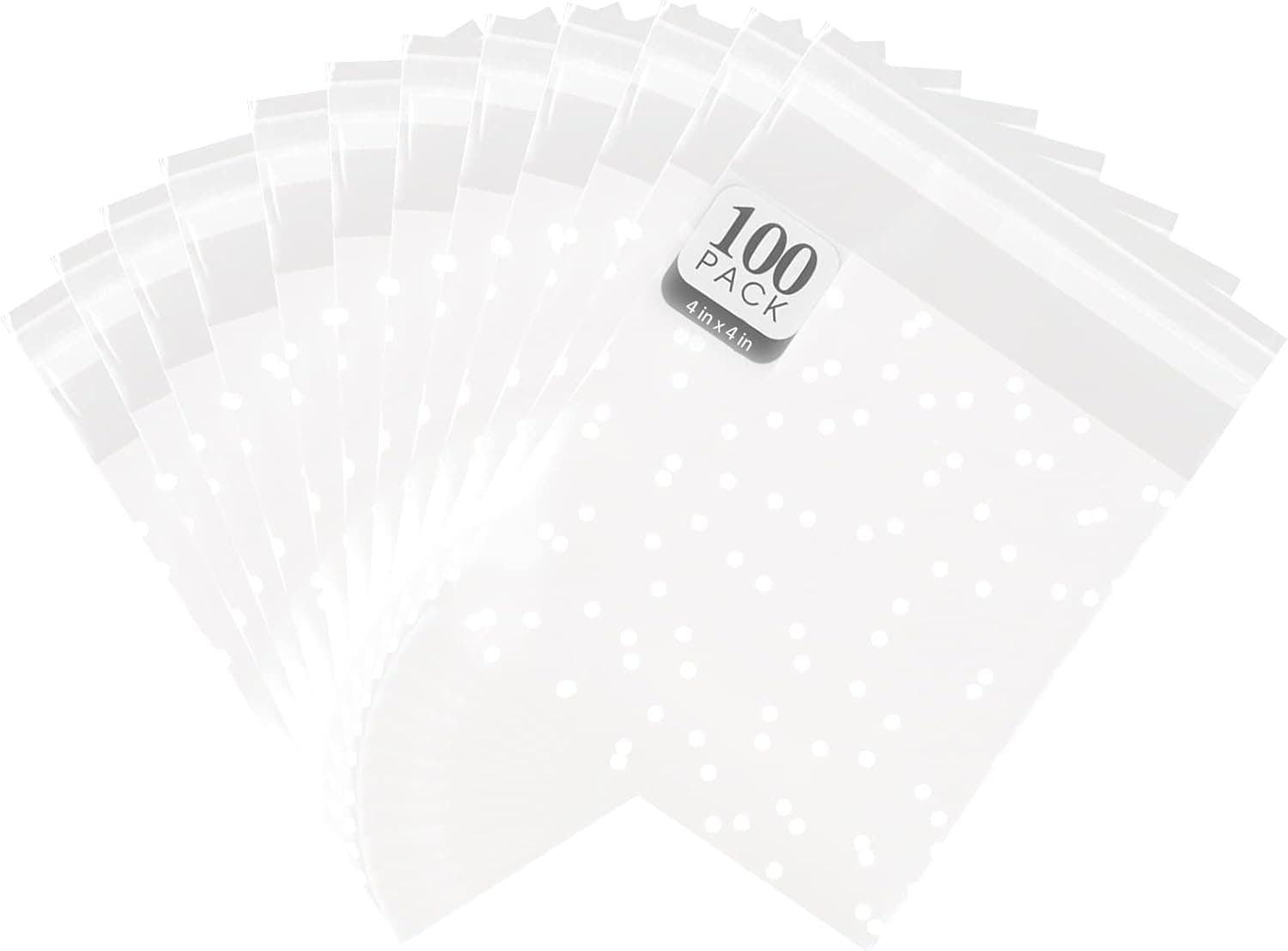Self Sealing Cookie Bags Cellophane Treat Bags, 4''x4'' White Polka Dot Party Pastry Candy Bags Wrappers For Medium Size Cookie Homemade Baked Goods on a Wedding Birthday Graduation Christmas Bags for Gifts, 100 Pack
