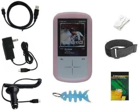 8 Items Accessory Combo Kit for Sandisk Sansa Fuze+ Plus 4GB 8GB 16GB MP3 Player: Includes Pink Silicone Skin Case Cover, Armband, Belt Clip, LCD Screen Protector, Wall Charger, Car Charger, USB Data Cable and Light Blue Fishbone Style Keychain
