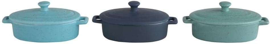 Creative Co-Op Mini Stoneware Lidded Bakers in Coastal Colors, Set of 3