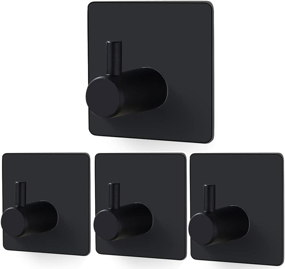 Aussido Adhesive Hooks Stainless Steel Sticky Wall Hooks Heavy Duty Towel Hooks for Hanging Robe Loofah Coat Hat Key for Bathroom Kitchen Home Office (Black Square 4Pack)