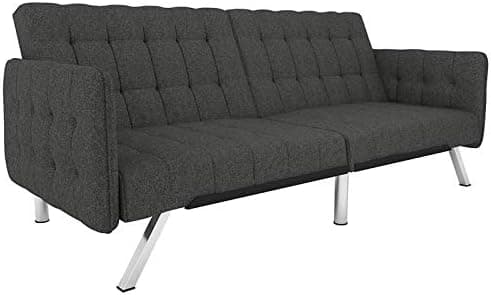 DHP Emily Convertible Futon & Sofa Sleeper With Chrome Legs, Grey Linen