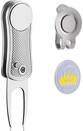 CAITON Golf Divot Repair Tool, Divot Green Repair Tool Pack with Golf Hat Clip Ball Marker Magnetic Switchblade Metal Foldable with Pop-up Button (Divot Repair Tool)