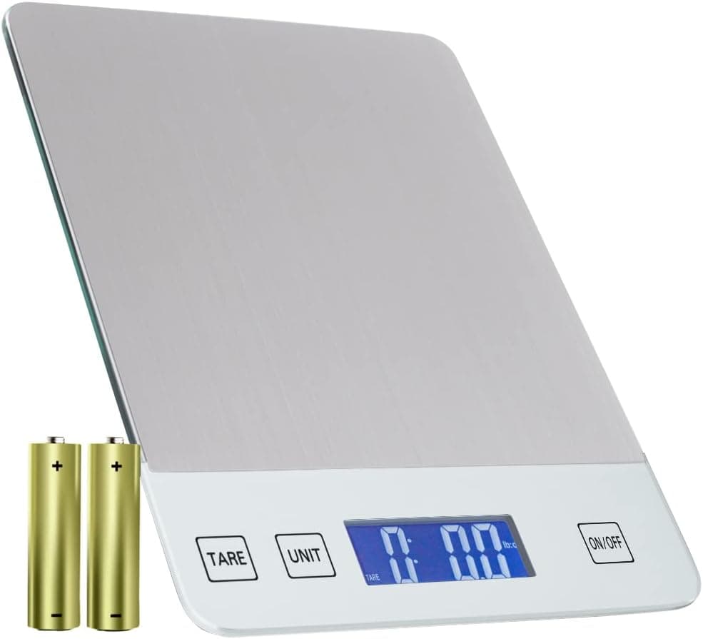 Gorilla Grip Digital Kitchen Food Scale, for Weight Loss, Diet Meal Preps, Keto Cooking, 22 LB Capacity, Ounces or Grams, for Solid Foods and Liquids, Stainless Steel Baking Scale, LCD Display, White