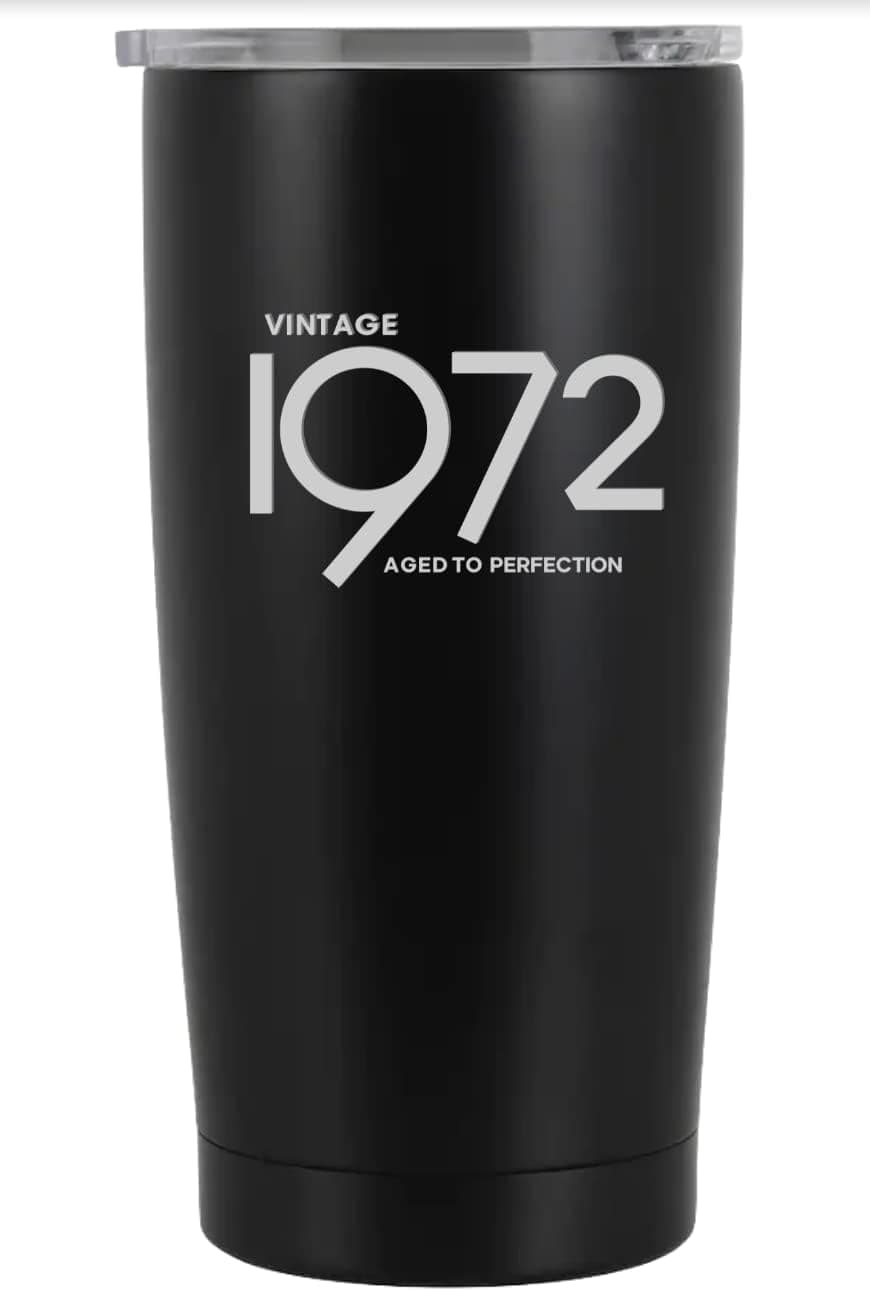 1972 50th Birthday Gifts for Women and Men Black 20 oz Insulated Stainless Steel Tumbler | 50 Year Old Presents | Mom Dad Wife Husband Present | Aged to Perfection design ENGRAVED on Tumbler