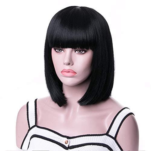 Junbeauty Short Bob Hair Wigs 14" Straight with Bangs Synthetic Colorful Cosplay Wig For Women Natural As Real Hair + Free Wig Cap Natural Black 1B