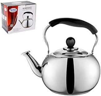 4 Liter Alpine Cuisine Polished Mirror-Finish Stainless Steel Whistling Capsule Base Stovetop Teakettle Tea Kettle Teapot, Gas Electric Induction Compatible