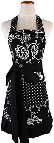 Vintage Flower Apron, Aprons for Women with Pocket, Kitchen Aprons with Adjustable Strap for Cooking, Baking, Grilling, and Gardening (White Flower)