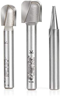 Amana Tool 3-Pc 3D CNC Signmaking Lettering & Engraving SC 1/4 Router Bit Set