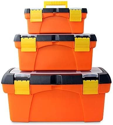 Hi-Spec Heavy Duty Tool Box Set with Parts Organiser Tray - for the Job Site, Garage & around the Home for Tools, Fishing Tackle, Arts & Crafts, Hobby Storage Equipment Box - High-Vis Orange (3 Piece)