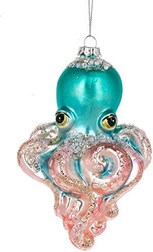 On Holiday Glass Jeweled Blue Octopus with Pink, Teal Tentacles and Sequins and Pearls Christmas Tree Ornament
