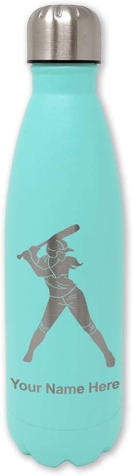 LaserGram Double Wall Stainless Steel Water Bottle, Softball Player Woman, Personalized Engraving Included (Light Blue)
