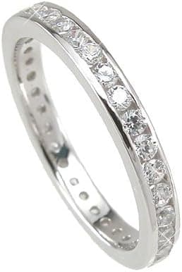 Sterling Silver Stackable Eternity Band Wedding Ring with White Cz Crystals. 3 mm Rhodium Plated. Gift Box Included.