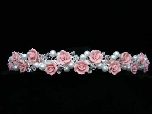 Pink Rose Flower Pageant Crystal Pearl Bridal Wedding Headband Tiara