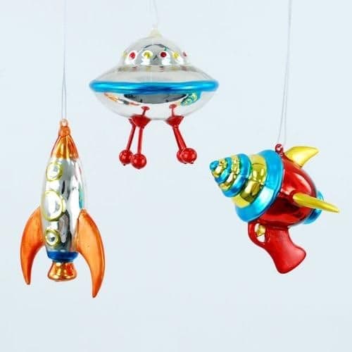 Christmas Vintage Style Outer Space Mini Glass Ornaments, Set of 3, Ray Gun, Flying Saucer