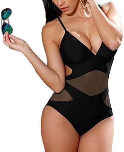 Summer Mae Women's Black Mesh One Piece Vintage Swimsuit Halter Swimwear,S(US size:0-2)