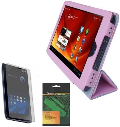iShoppingdeals - Pink PU Leather Case Cover Folio With Built-In Stand and Anti-Glare Matte Finishing Screen Protector for Acer Iconia A100 7-Inch Tablet