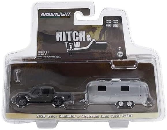 Greenlight 32230-B Hitch & Tow Series 23 - 2020 Gladiator in Granite Crystal Metallic with Airstream Double-Axle Land Yacht Safari 1/64 Scale