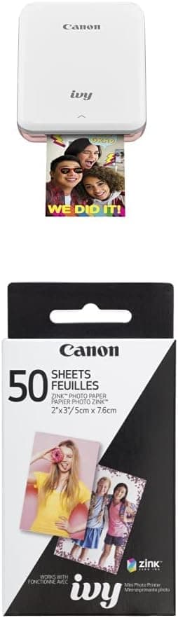 Canon Ivy Mobile Mini Photo Printer Through Bluetooth(R), Rose Gold with Canon Zink Photo Paper Pack, 50 Sheets