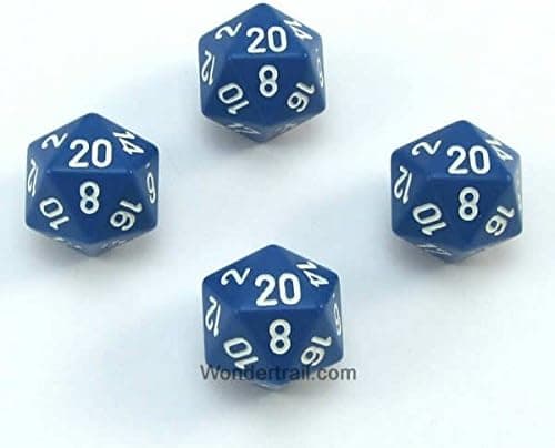 WKP02814E4 Blue Opaque Dice with White Numbers D20 16mm (5/8in) Pack of 4 Dice Koplow Games