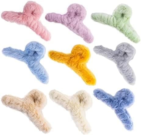 9PCS Fluffy Plush Hair Claw Clips, Colorful Winter Hair Barrettes 4.7 Inch Large Non-Slip Hair Clips Super Grip Elegant Hair Accessories for Girls Woman Thick Long Hairs