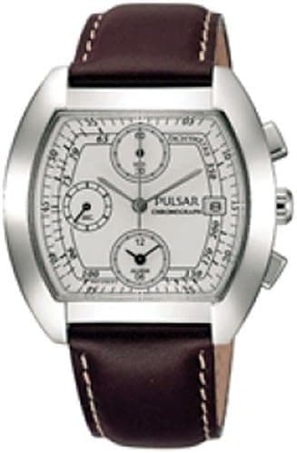 Pulsar Watch Chronograph Quartz Mens Alarm Stainless Case Brown Leather Band PF3245 Sale