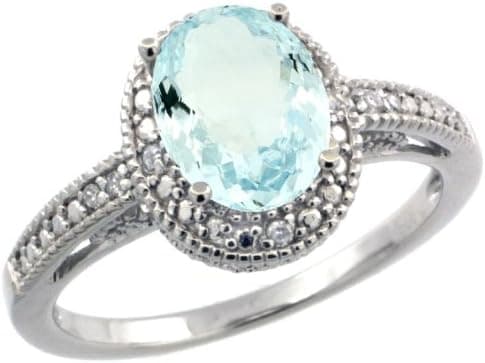 Sterling Silver Diamond Vintage Style Oval Aquamarine Stone Ring Rhodium Finish, 8x6 mm Oval Cut Gemstone sizes 5 to 10