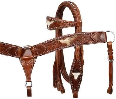 Showman Bridle & Breastcollar Set W Reins, Tooled Steer Head -Cowhide Inlay, Medium Leather-gorgeous!
