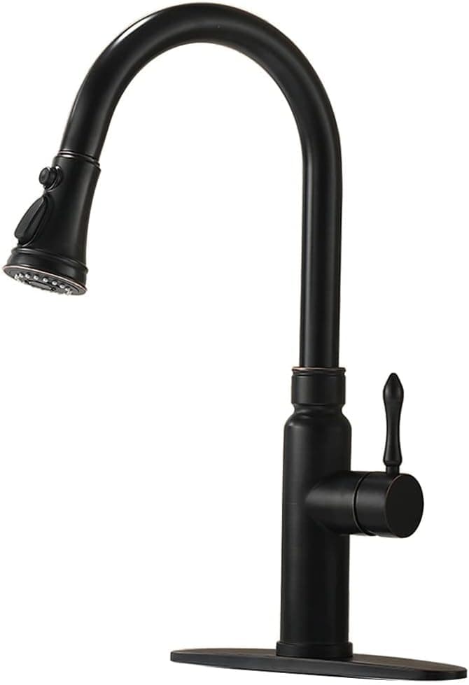 BoomHoze Kitchen Faucet with Pull Out Sprayer, Modern High Arch Single Handle Kitchen Sink Faucet Pull Out with Deck Plate Oil Rubbed Bronze Kitchen Tap