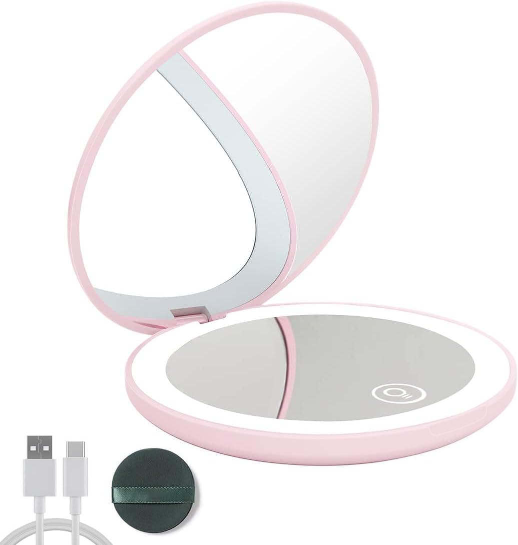 Kilobey Compact Mirror, LED Lighted Travel Makeup Mirror 1x/10x Magnifying Rechargeable Pocket Mirror. Portable 2-Sided Round Mirror for Handheld