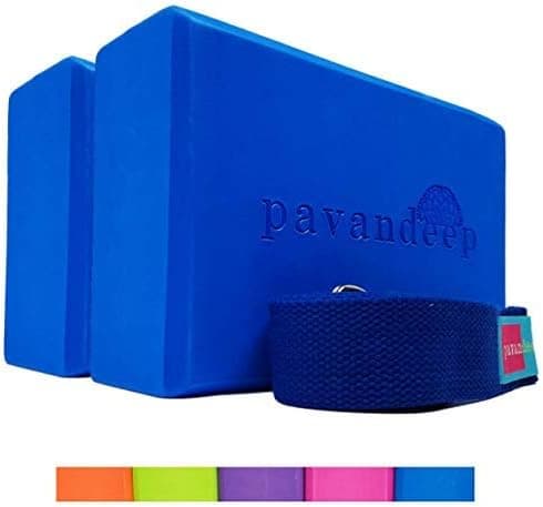 Pavandeep Yoga Blocks (1 Block or 3pc Yoga Block and Strap Set) High Density EVA Foam Blocks + Yoga Strap, Balance Stretching Stability & Support