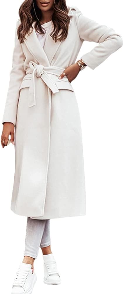 Women Long Sleeve Woolen Blend Overcoat Solid Lapel Waist Tie Warm Wool Trench Long Coat Jackets