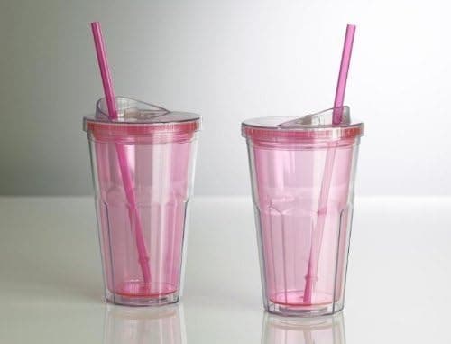 WaterU 2-Pack BPA Free Double Wall Retro Cup with Straw and Lid, 16-Ounce, Pink