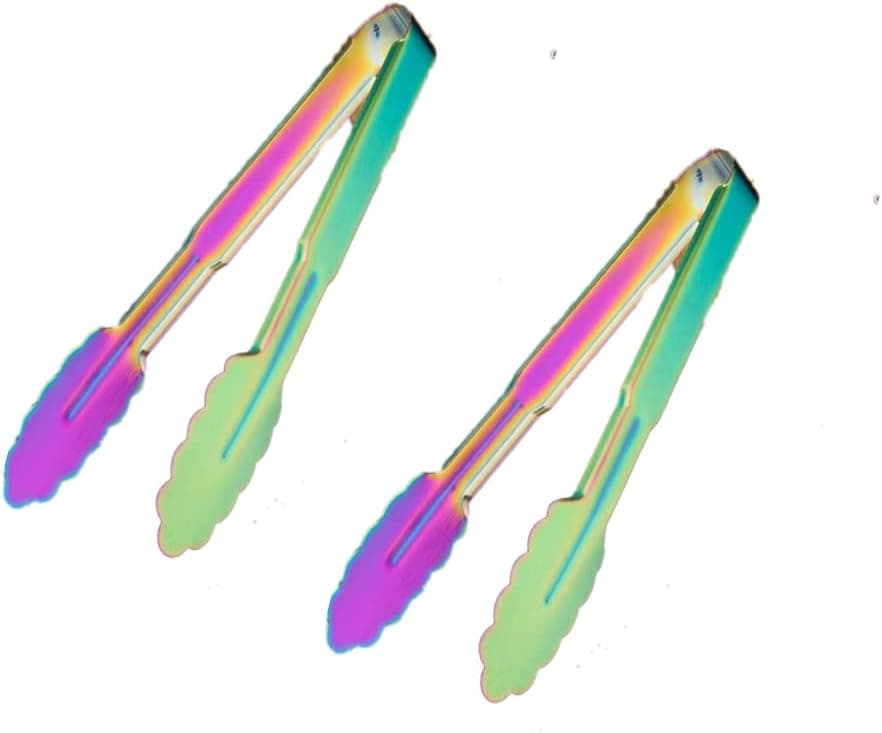 2-Pack 9 Inch Rainbow Serving Tongs Barbecue Food Tongs Buffet Tongs Non-slip & Easy Grip Stainless Steel Gold Kitchen Cooking Tongs, Salad, Bread, Ice, Frying,Grilling,Pastry,Oven
