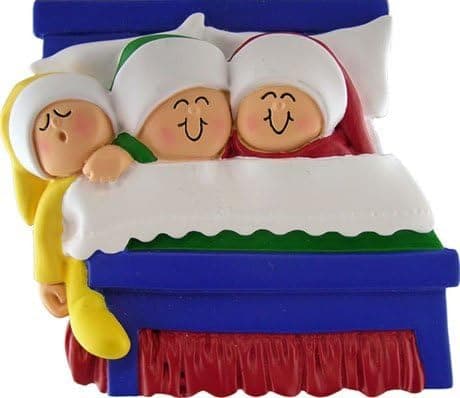 3701 Family in Bed: 3 Hand Personalized Christmas Holiday Ornament