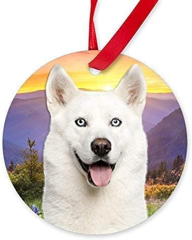 LilithCroft99 White Husky Meadow Round Christmas Ornaments Novelty Ceramic Ornaments Hanging for Christmas Decorations