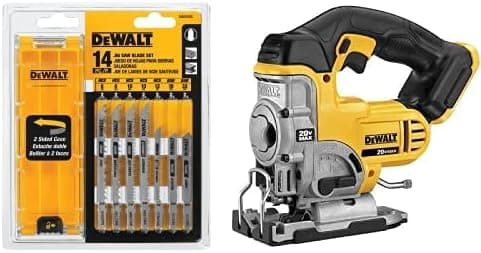 DEWALT DW3742C 14-Piece T-Shank Jig Saw Blade Set with Case and DEWALT DCS331B 20-Volt MAX Li-Ion Jig Saw (Tool Only), Yellow