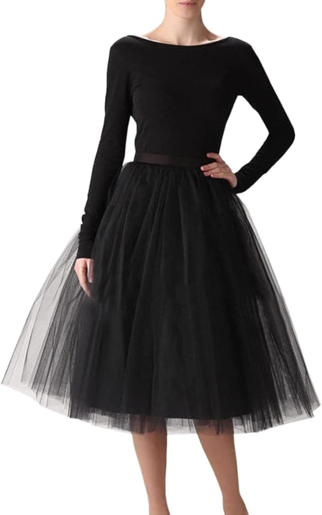 WDPL Women's A-line Knee Length Prom Party Tulle Tutu Skirt Medium Black